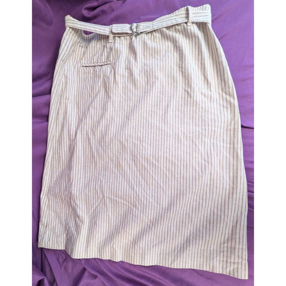 Vintage Midi Pencil Skirt Sz 14 brown striped Belted White Stag Cotton Blend
